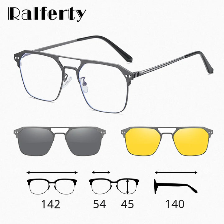 Ralferty Men's Full Rim Square Double Bridge Alloy Eyeglasses Clip On Polarized Sunglasses R708 With Clip Ons Ralferty   