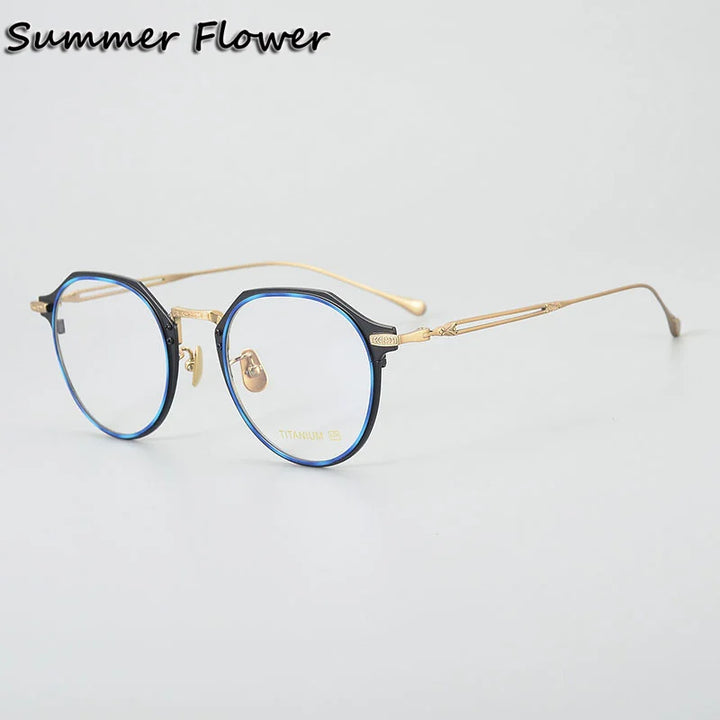 Summer Flower Unisex Full Rim Flat Top Round Titanium Acetate Eyeglasses 84061 Full Rim Summer Flower Blue Gold