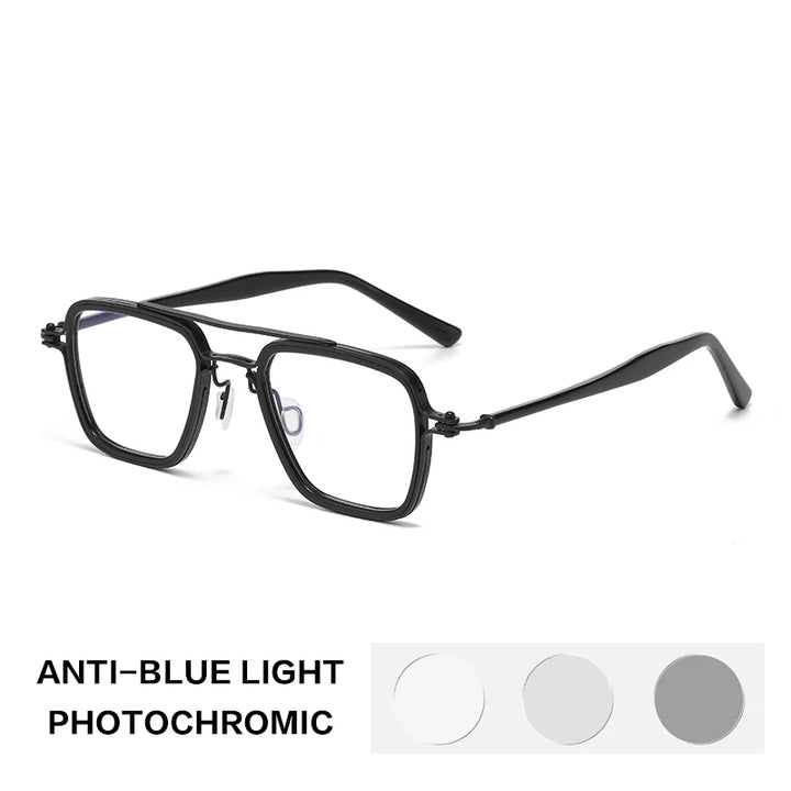 Gatenac Unisex Full Rim Big Square Double Bridge Titanium Acetate Photochromic Reading Glasses 75875