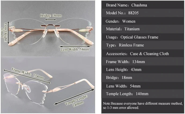 Chashma Ottica Women's Rimless Butterfly Titanium Eyeglasses 988205 Rimless Chashma Ottica