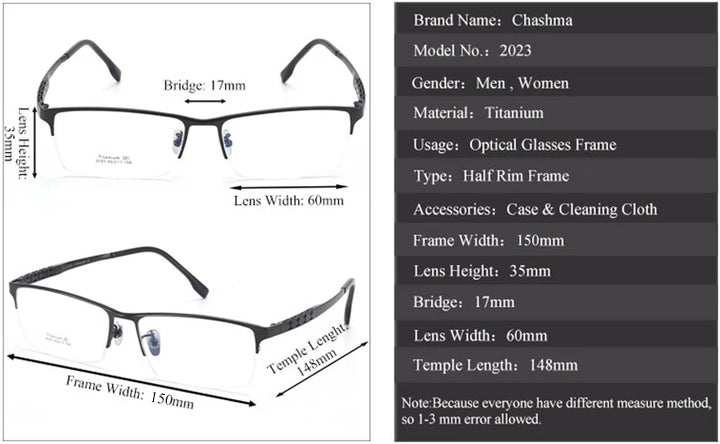 Chashma Ottica Men's Semi Rim Big Square Titanium Eyeglasses 942023 Semi Rim Chashma Ottica