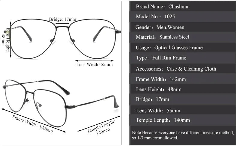Chashma Ottica Unisex Full Rim Oval Steel Eyeglasses Clip On Sunglasses 102544 - Size Chart