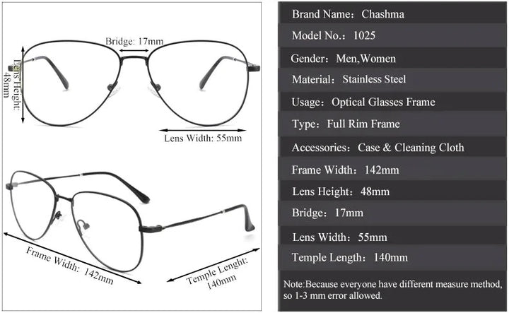 Chashma Ottica Unisex Full Rim Oval Steel Eyeglasses Clip On Sunglasses 102544 - Size Chart