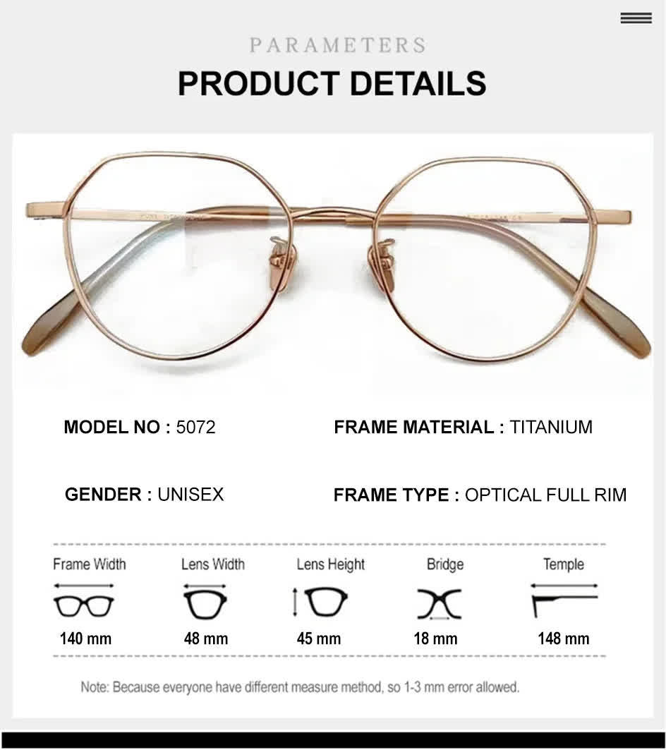 Chashma Ottica Unisex Full Rim Flat Top Oval Titanium Eyeglasses - Size Chart