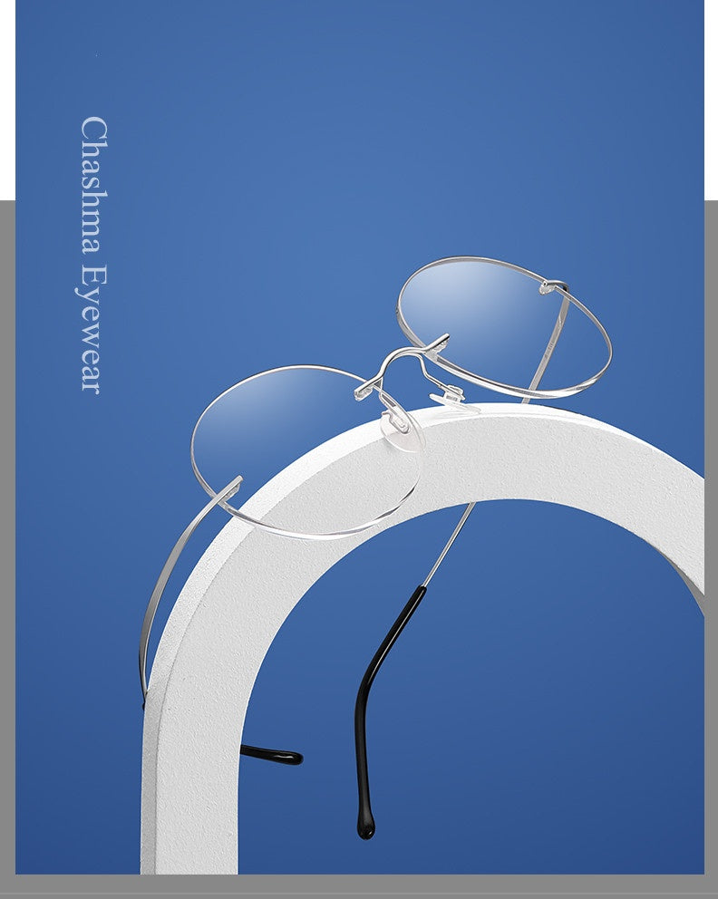 Chashma Unisex Rimless Round 2g Titanium Eyeglasses 6074 Customizable Lens Shape.