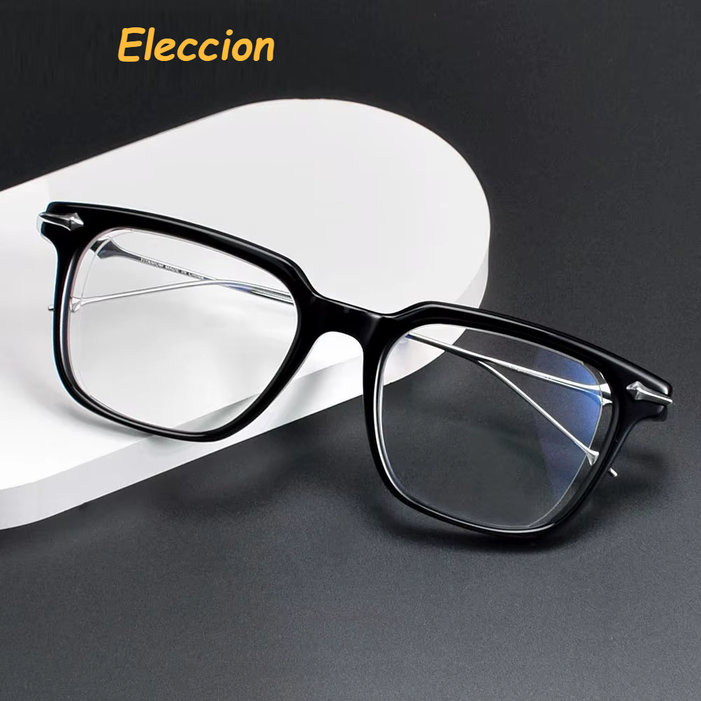 Eleccion Unisex Full Rim Big Square Acetate Tianium Eyeglasses 715011 Full Rim Brightzone