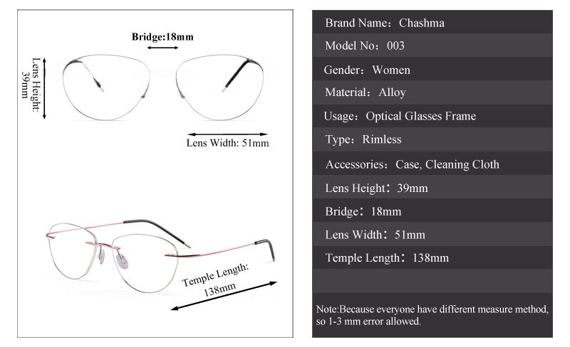 Chashma Womens Rimless Oval Cat Eye Titanium Eyeglasses 881003 — view 1 | Chashma at FuzWeb