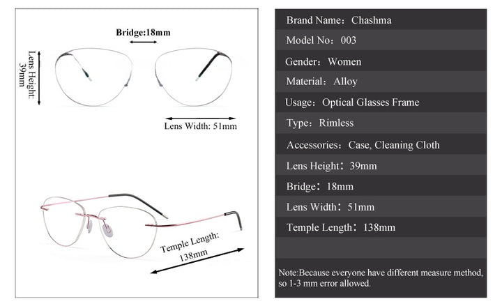 Chashma Womens Rimless Oval Cat Eye Titanium Eyeglasses 881003 — view 1 | Chashma at FuzWeb