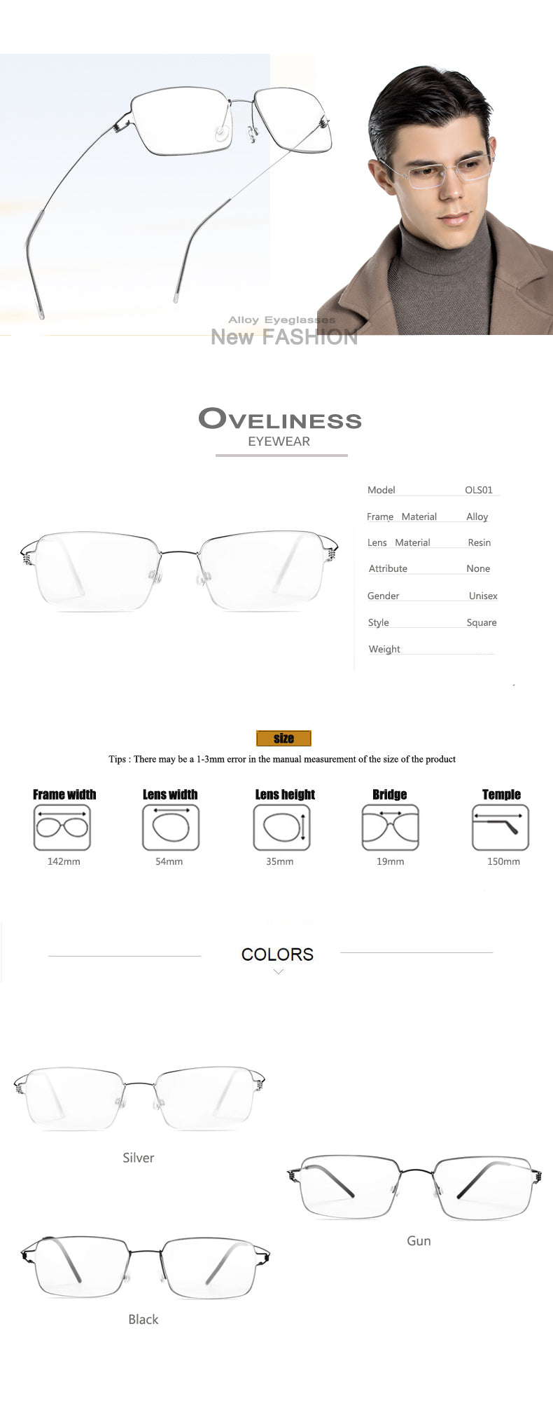 Oveliness Unisex Full Rim Square Screwless Titanium Alloy Eyeglasses — view 1 | Oveliness at FuzWeb