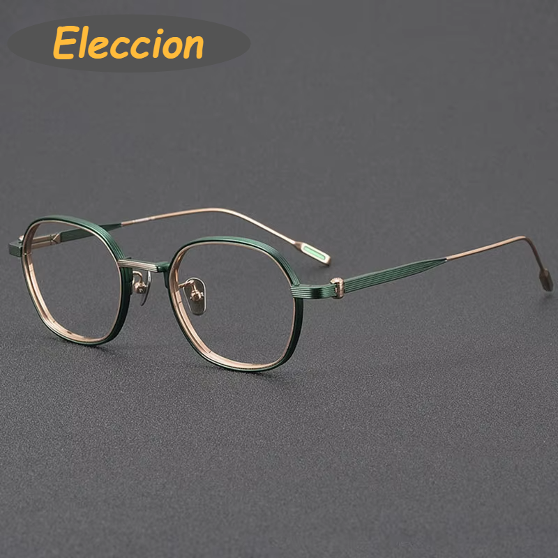 Eleccion Unisex Full Rim Polygon Titanium Eyeglasses 14049 Full Rim Eleccion Green - Gold