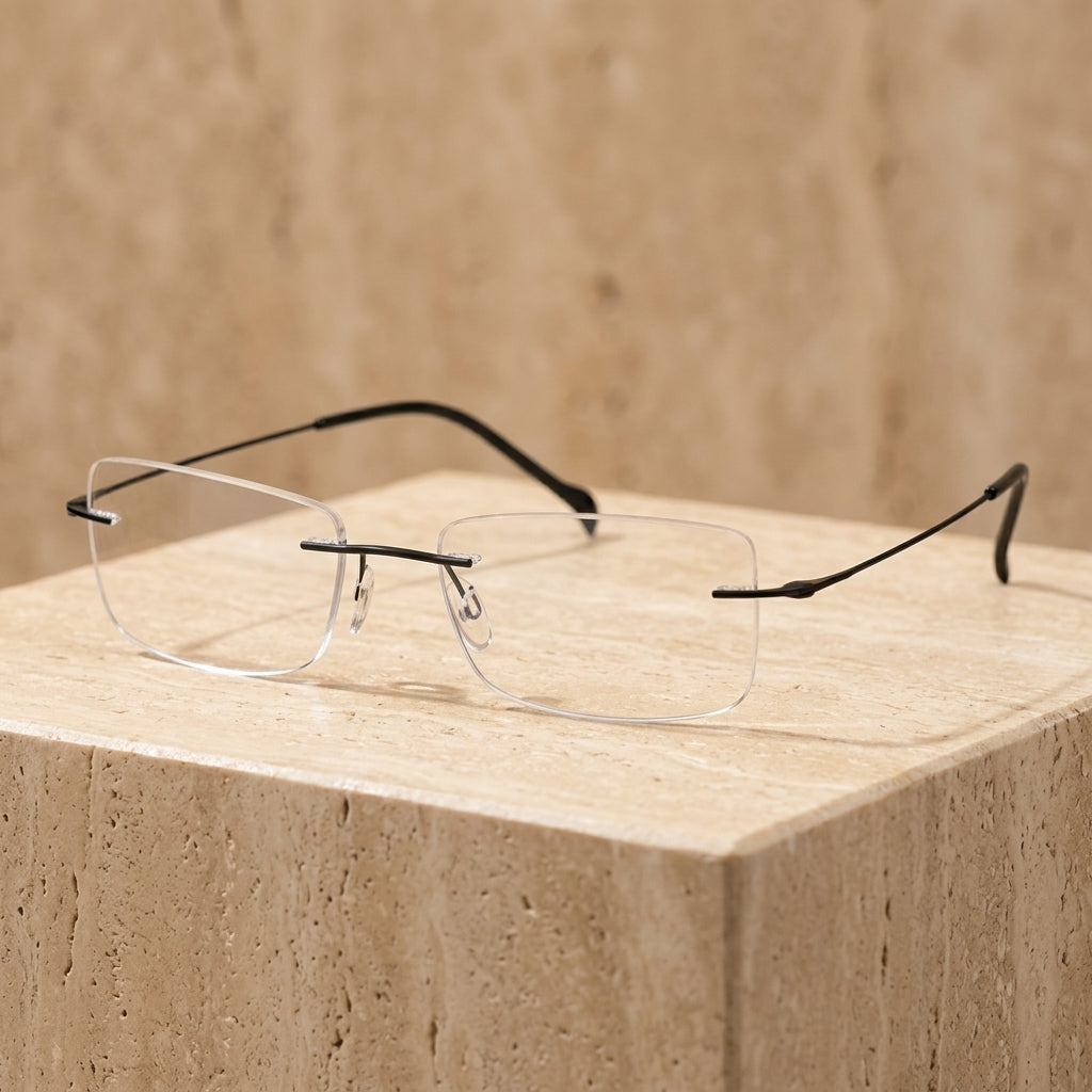 Chashma Ottica Mens Rimless Square Titanium Eyeglasses 16008 - Travertine Studio