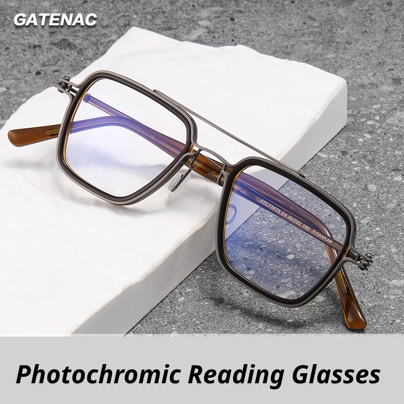 Gatenac Unisex Full Rim Big Square Double Bridge Titanium Acetate Photochromic Reading Glasses 75875