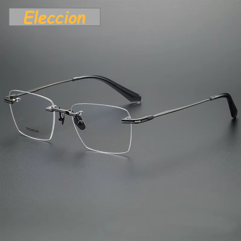 Eleccion Men's Rimless Square Polygon Titanium Eyeglasses 480957 Rimless Eleccion Gray