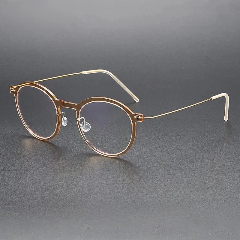 Aimee Unisex Full Rim Screwless Round Titanium Acetate Eyeglasses 6586 - Tea-Golden | Aimee at FuzWeb