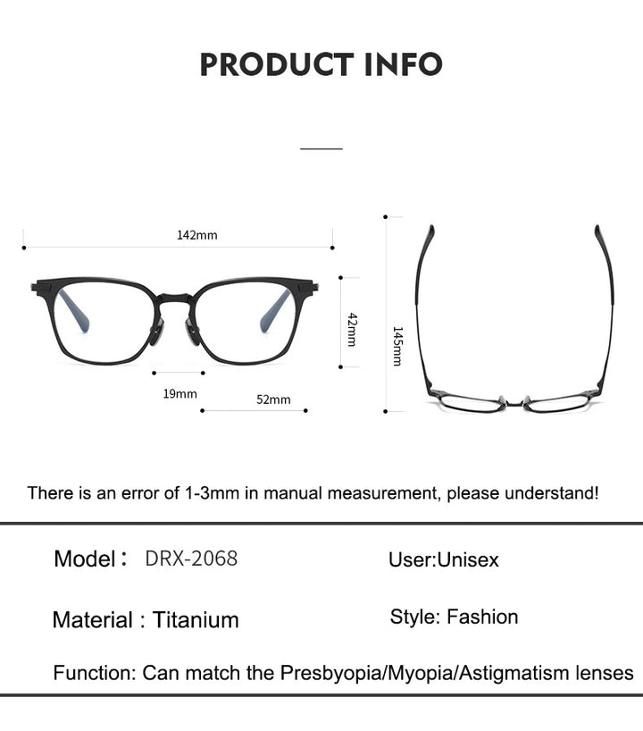 Aimee Unisex Full Rim Square Titanium Eyeglasses DRX2068 - Official Size Chart and Dimensions