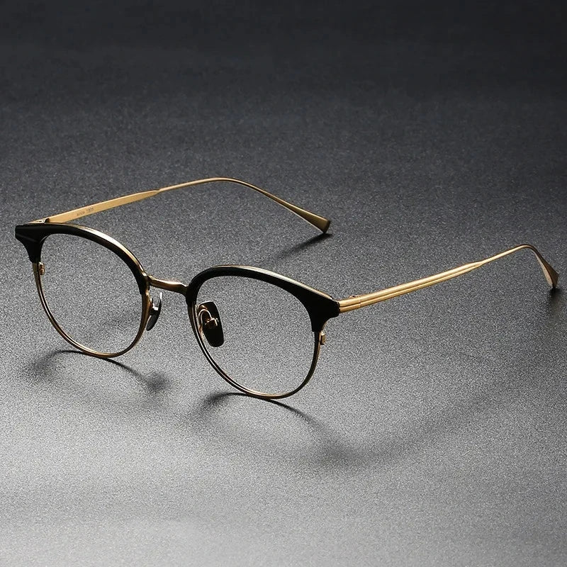 Aimee Unisex Full Rim Retro Round Pure Titanium Eyeglasses Ellington - Black-Golden | Aimee at FuzWeb