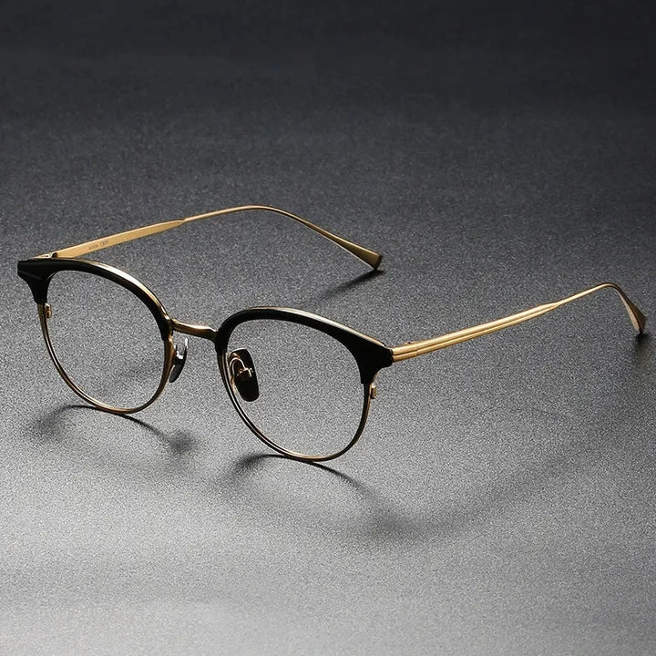 Aimee Unisex Full Rim Retro Round Pure Titanium Eyeglasses Ellington - Black-Golden | Aimee at FuzWeb