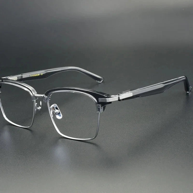 Aimee Men's Full Rim Browline Square Titanium Acetate Eyeglasses M-05BF - Grey-Silver | Aimee at FuzWeb