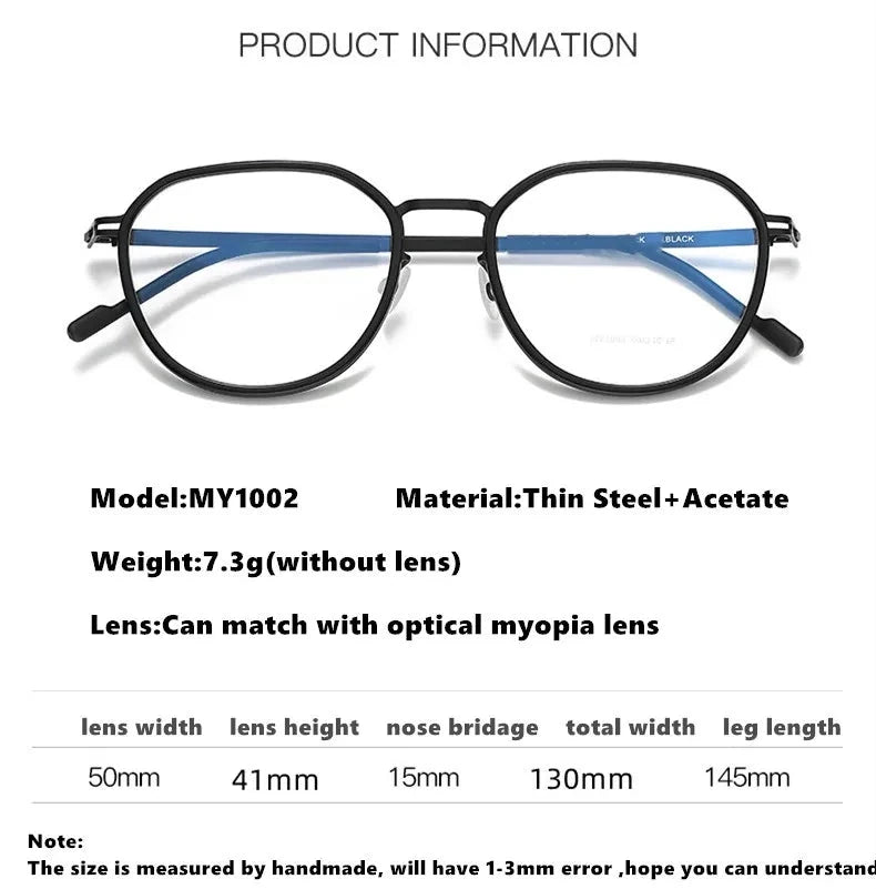 Aimee Unisex Full Rim Round Titanium Acetate Eyeglasses MY1002 - Official Size Chart and Dimensions