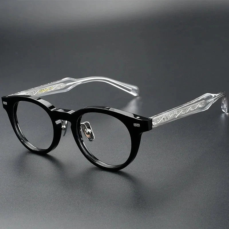 Aimee Unisex Full Rim Vintage Round Handmade Acetate Eyeglasses OTW6031 - Black-Clear | Aimee at FuzWeb