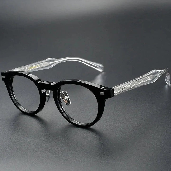 Aimee Unisex Full Rim Vintage Round Handmade Acetate Eyeglasses OTW6031 - Black-Clear | Aimee at FuzWeb