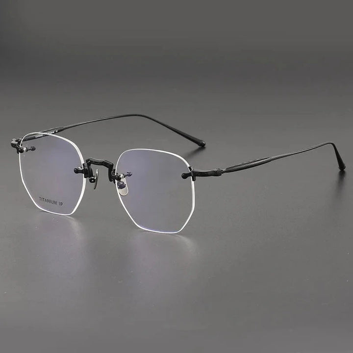 Aimee Unisex Rimless Polygon Round Pure Titanium Eyeglasses PR50 - Black | Aimee at FuzWeb