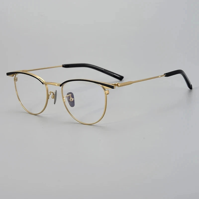 Aimee Unisex Full Rim Browline Round Titanium Eyeglasses S-155T - Black-Golden | Aimee at FuzWeb