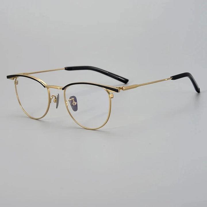 Aimee Unisex Full Rim Browline Round Titanium Eyeglasses S-155T - Black-Golden | Aimee at FuzWeb