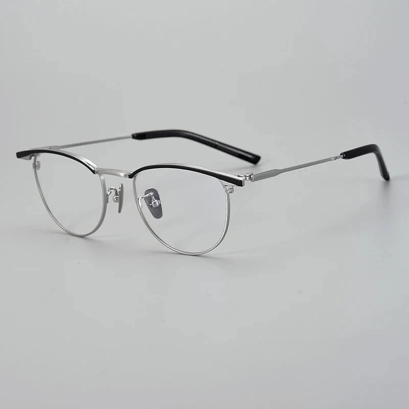 Aimee Unisex Full Rim Browline Round Titanium Eyeglasses S-155T - Black-Silver | Aimee at FuzWeb