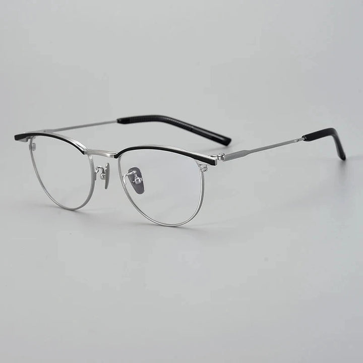 Aimee Unisex Full Rim Browline Round Titanium Eyeglasses S-155T - Black-Silver | Aimee at FuzWeb