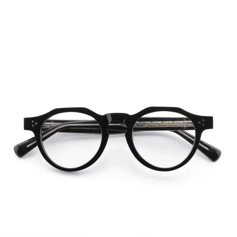 Aimee Unisex Full Rim Flat Top Round Acetate Eyeglasses 519040 - Black