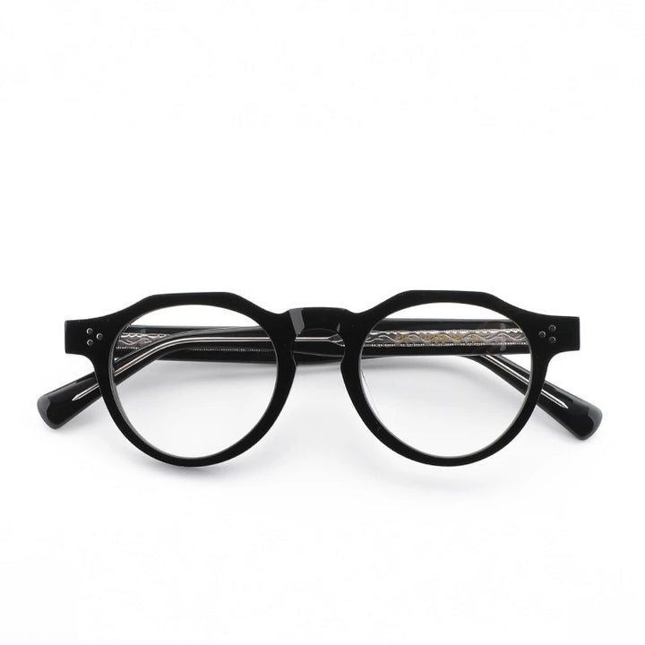 Aimee Unisex Full Rim Flat Top Round Acetate Eyeglasses 519040 - Black