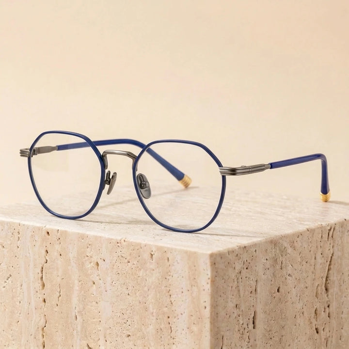 Aimee Unisex Full Rim Flat Top Round Titanium Eyeglasses 50140 - Blue-Gun