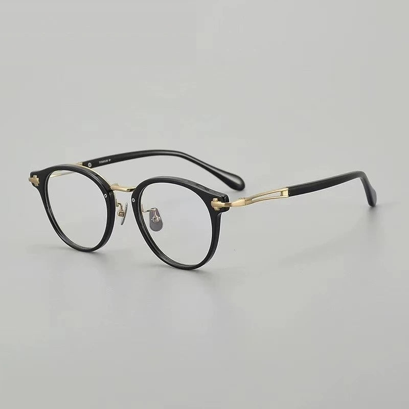 Aimee Unisex Full Rim Oval Round Titanium Acetate Eyeglasses 462148 - Black-Golden