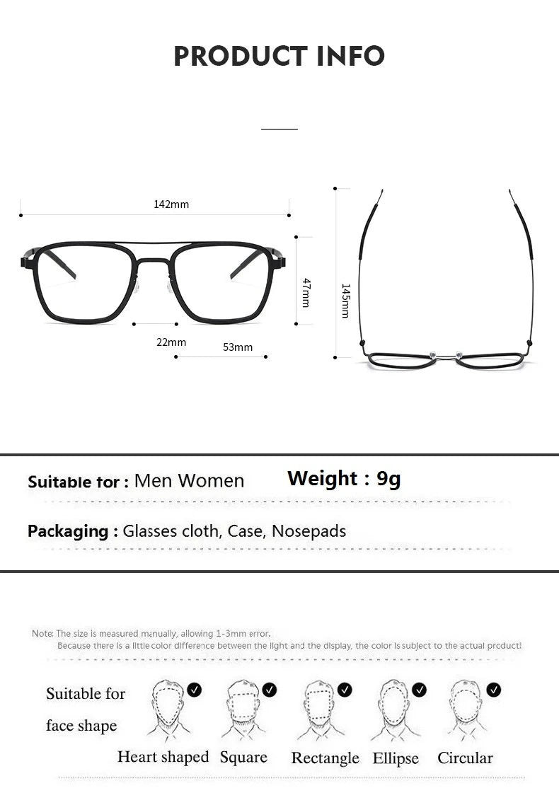 Aimee Unisex Full Rim Pilot Square Titanium Eyeglasses 9708 - Size Chart