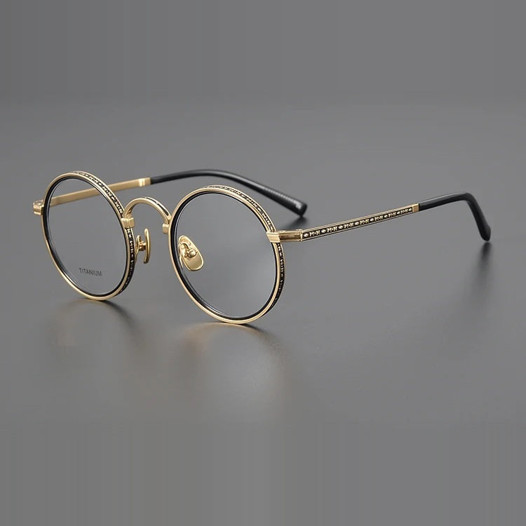 Aimee Unisex Full Rim Round Acetate Titanium Eyeglasses 633100 - Black-Golden