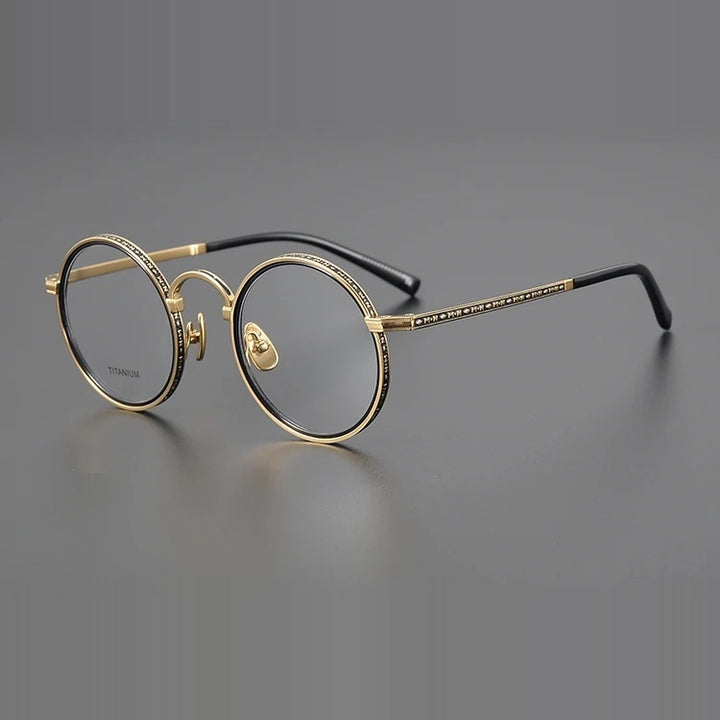 Aimee Unisex Full Rim Round Acetate Titanium Eyeglasses 633100 - Black-Golden