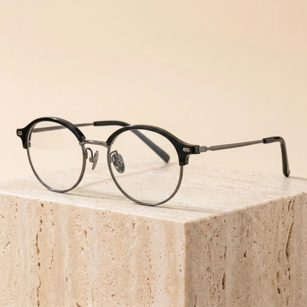 Aimee Unisex Full Rim Round Acetate Titanium Eyeglasses 361209 - Black-Gun