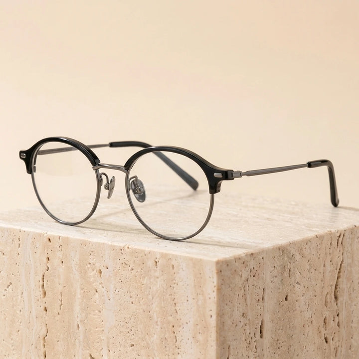 Aimee Unisex Full Rim Round Acetate Titanium Eyeglasses 361209 - Black-Gun