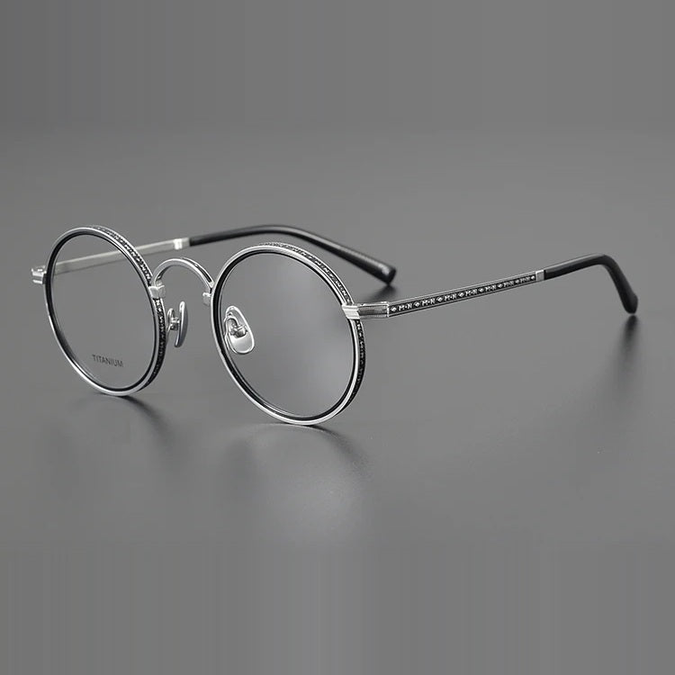 Aimee Unisex Full Rim Round Acetate Titanium Eyeglasses 633100 - Black-Silver