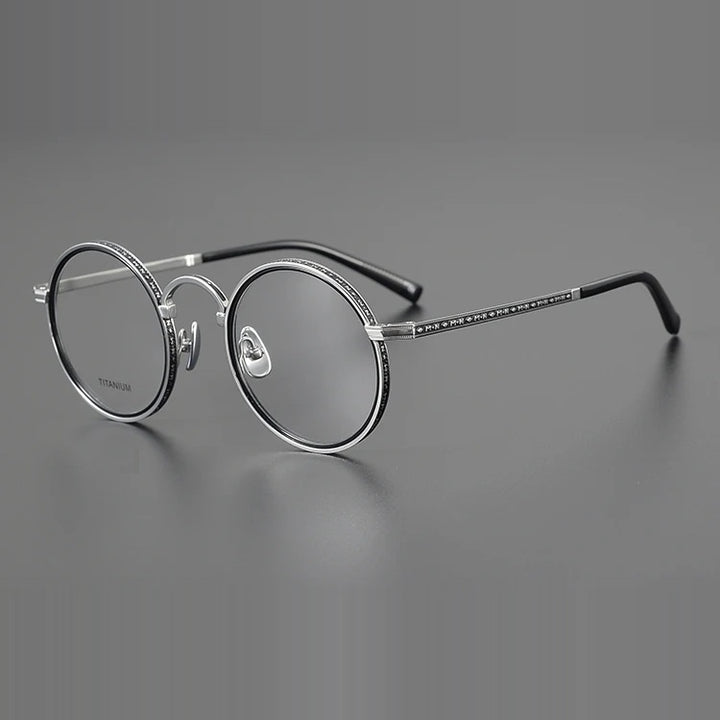 Aimee Unisex Full Rim Round Acetate Titanium Eyeglasses 633100 - Black-Silver