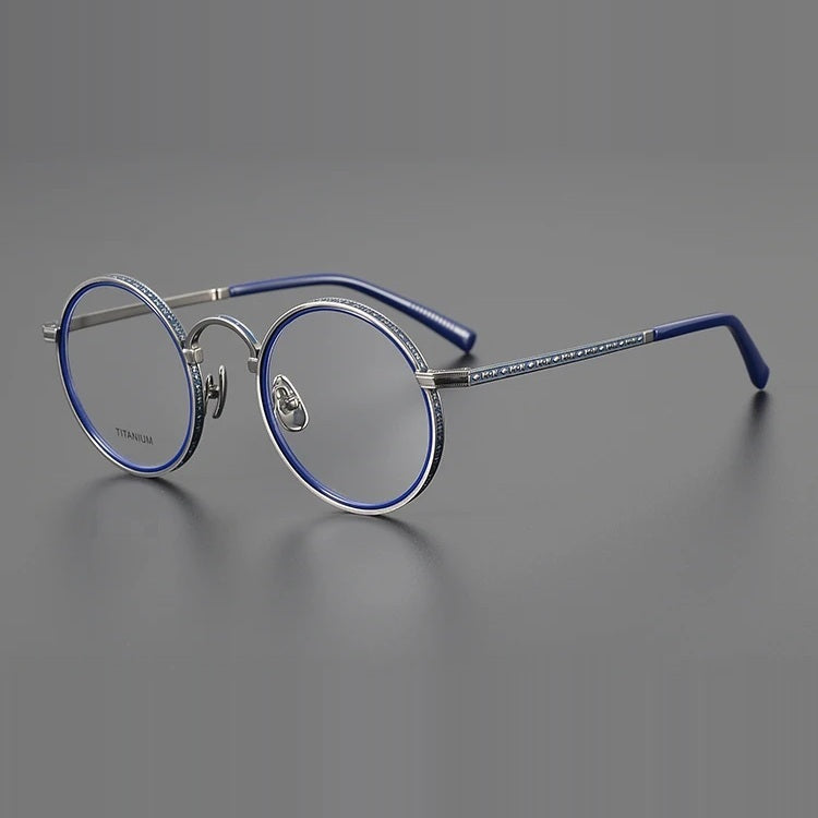 Aimee Unisex Full Rim Round Acetate Titanium Eyeglasses 633100 - Blue-Silver