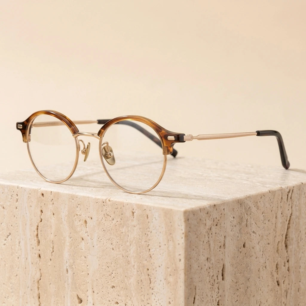 Aimee Unisex Full Rim Round Acetate Titanium Eyeglasses 361209 - Golden-Tea