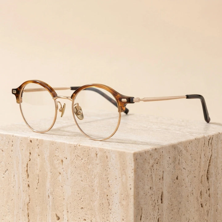 Aimee Unisex Full Rim Round Acetate Titanium Eyeglasses 361209 - Golden-Tea