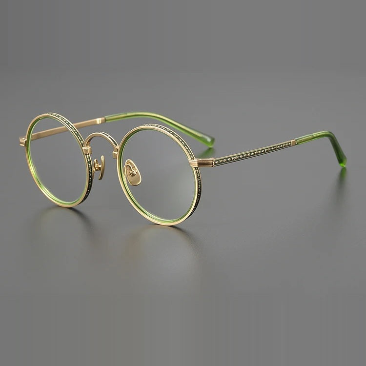 Aimee Unisex Full Rim Round Acetate Titanium Eyeglasses 633100 - Green-Golden