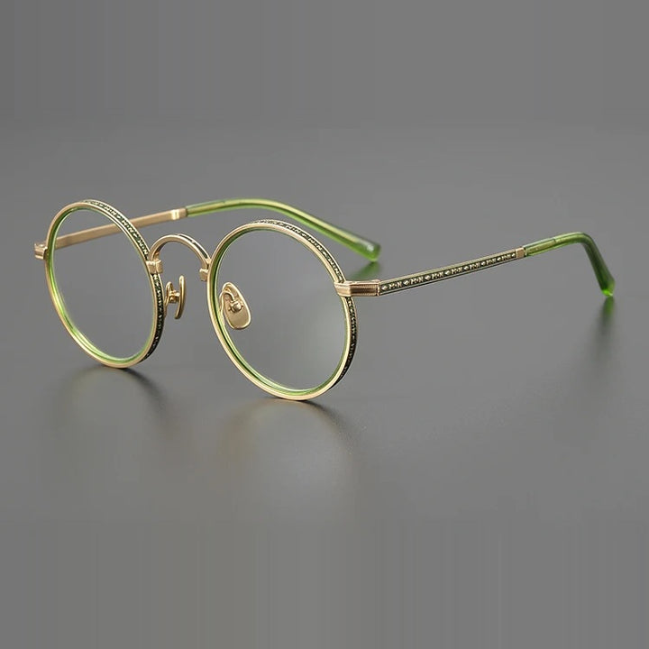 Aimee Unisex Full Rim Round Acetate Titanium Eyeglasses 633100 - Green-Golden
