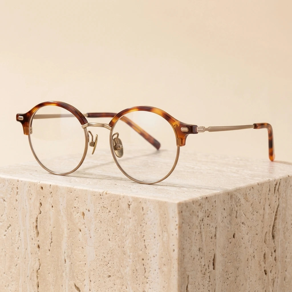 Aimee Unisex Full Rim Round Acetate Titanium Eyeglasses 361209 - Tortoise