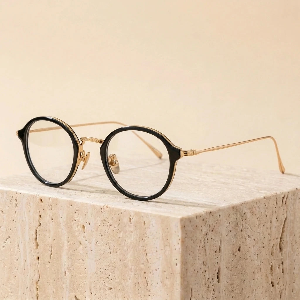 Aimee Unisex Full Rim Round Titanium Acetate Eyeglasses 691110 - Black-Golden