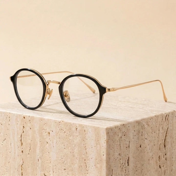 Aimee Unisex Full Rim Round Titanium Acetate Eyeglasses 691110 - Black-Golden