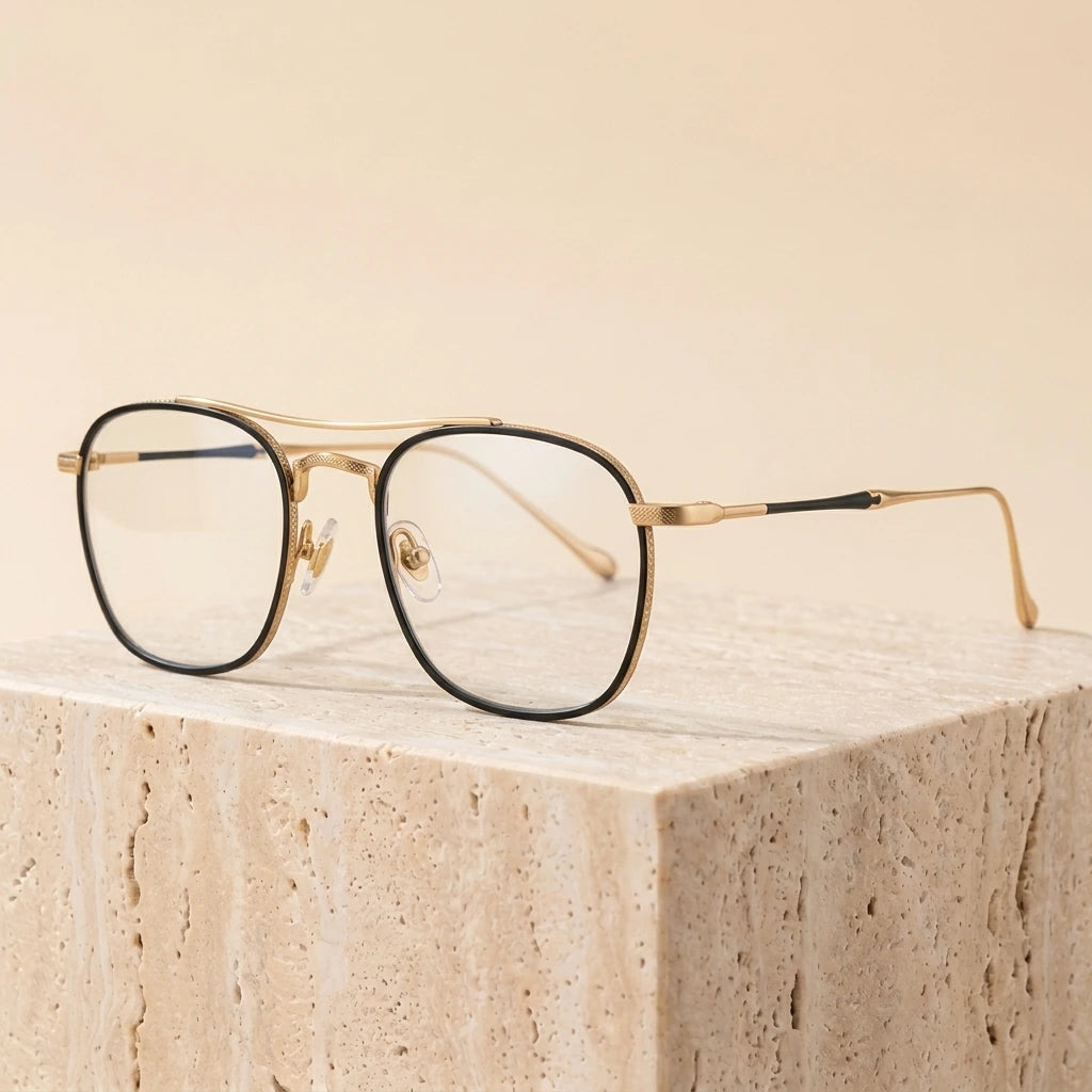 Aimee Unisex Full Rim Square Double Bridge Titanium Eyeglasses 195925 - Black-Golden